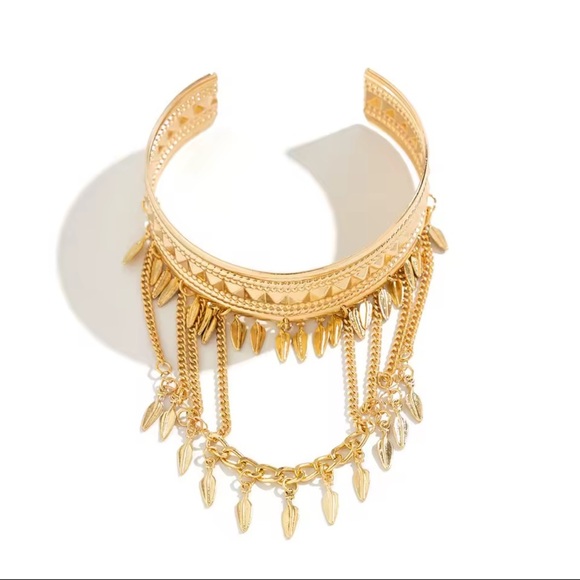 Gold Leaf Tassel Chain Arm Cuff Bracelet ✨ - Picture 4 of 10